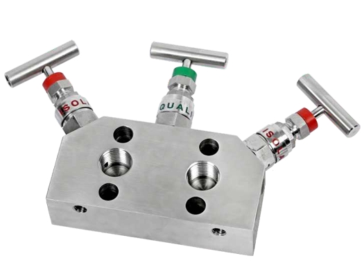 Manifold de 3 válvulas coplanar con tapones de purga